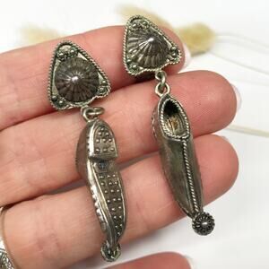Vintage 900 Silver 3D Figural Syrian MOORISH Poulaine Shoes Clip On Earrings